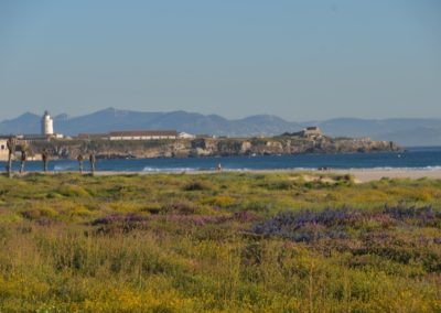 Spanien, Tarifa, Isla de las Palomas mit Fernblick auf den afrikanischen Kontinent